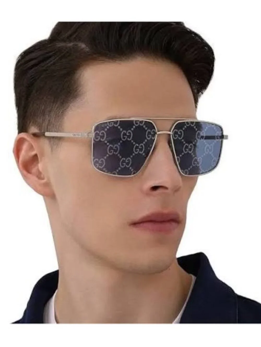 New Gucci Blue Silver Pilot Frame Sunglasses GG0941S 004